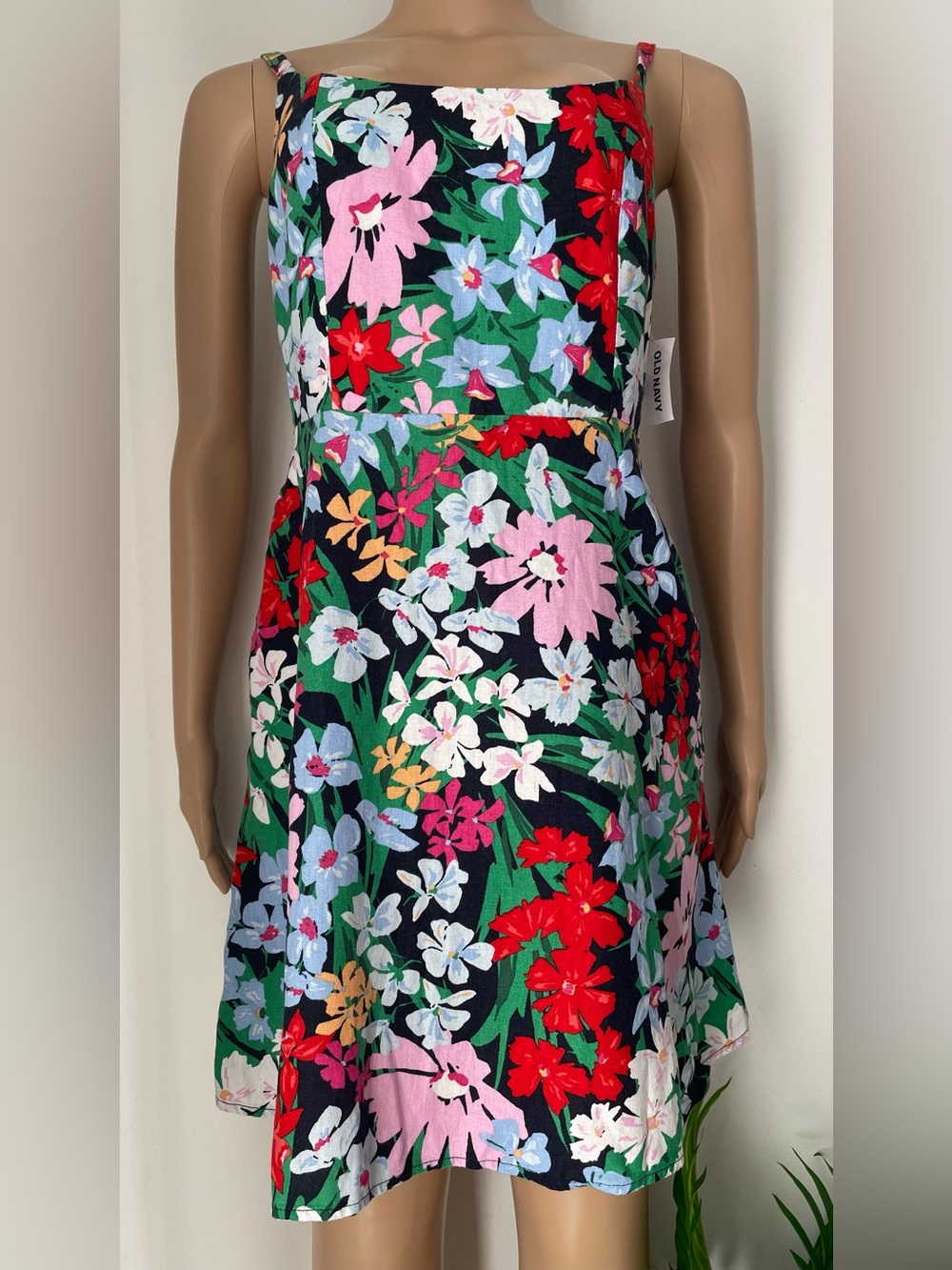 Old Navy Navy Floral Midi Dress with Red, Pink & Green